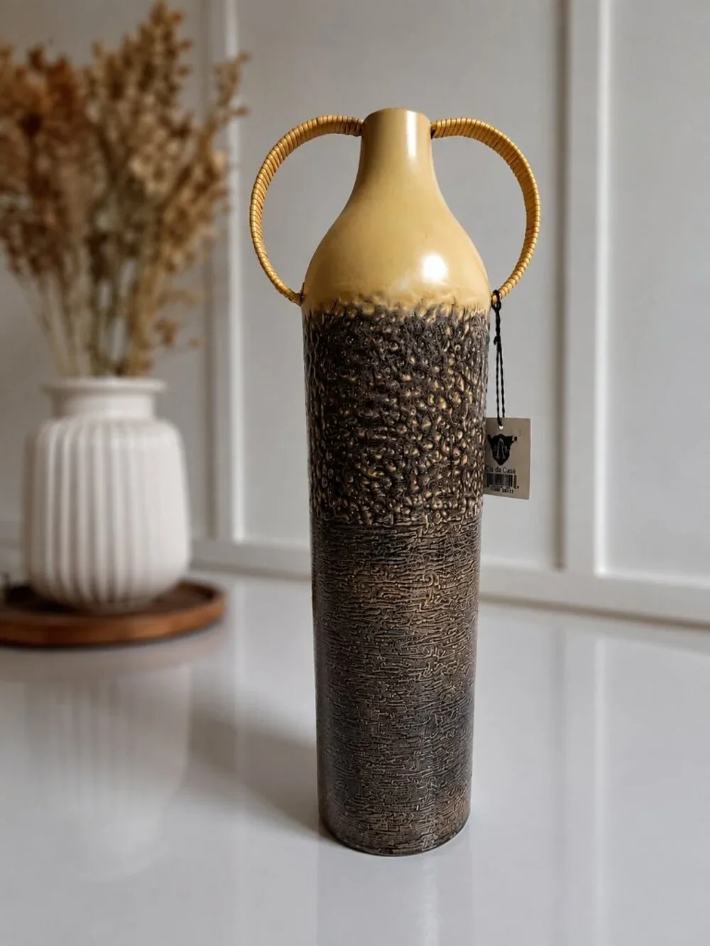 Handmade Indian Textured Metal Vase Gray Beige